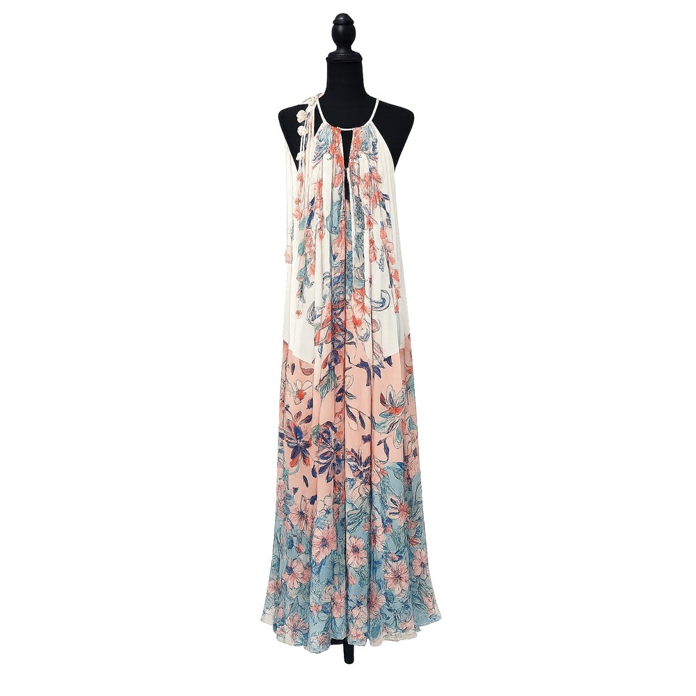 Farm Rio Delhi Boho Floral Halter Maxi Dress Large Flowy NWT Tropical Resortwear - Picture 4 of 6